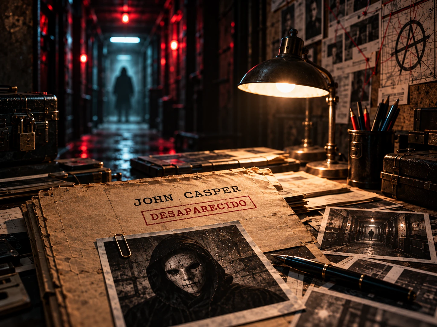 Expediente abierto de John Casper, desaparecido, junto a una lámpara y fotografías